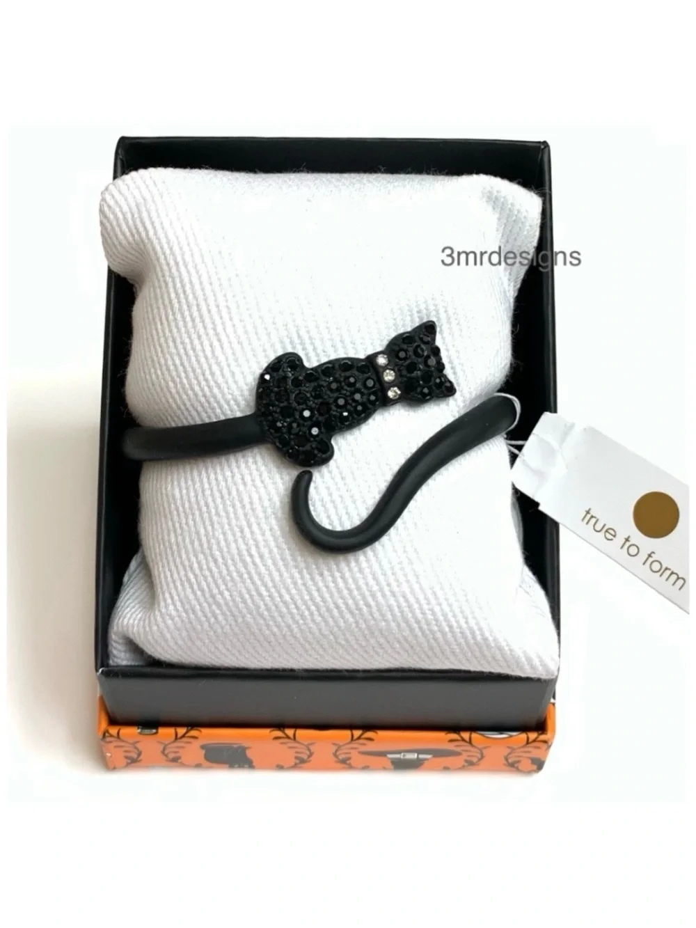 NWT VIRAL True To Form Halloween Black Cat Glass Stones Matte Black Metal Hinged